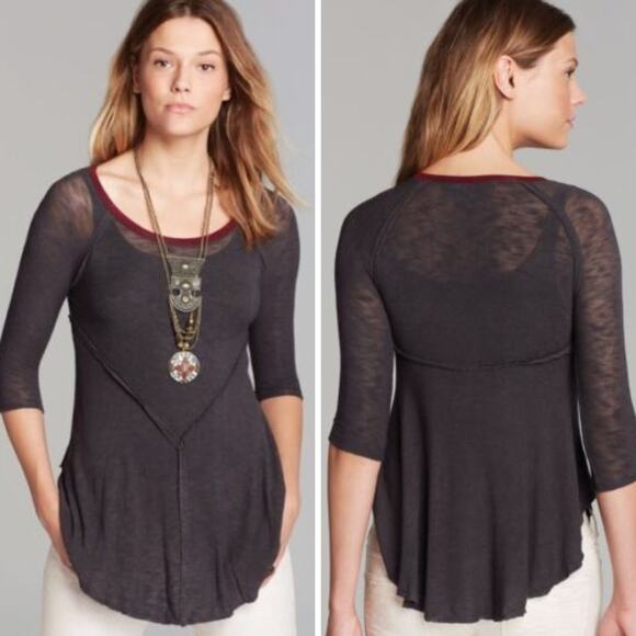FREE PEOPLE Gray raw hem lightweight waffle knit top WOMEN'S SIZE SMALL - Picture 1 of 6